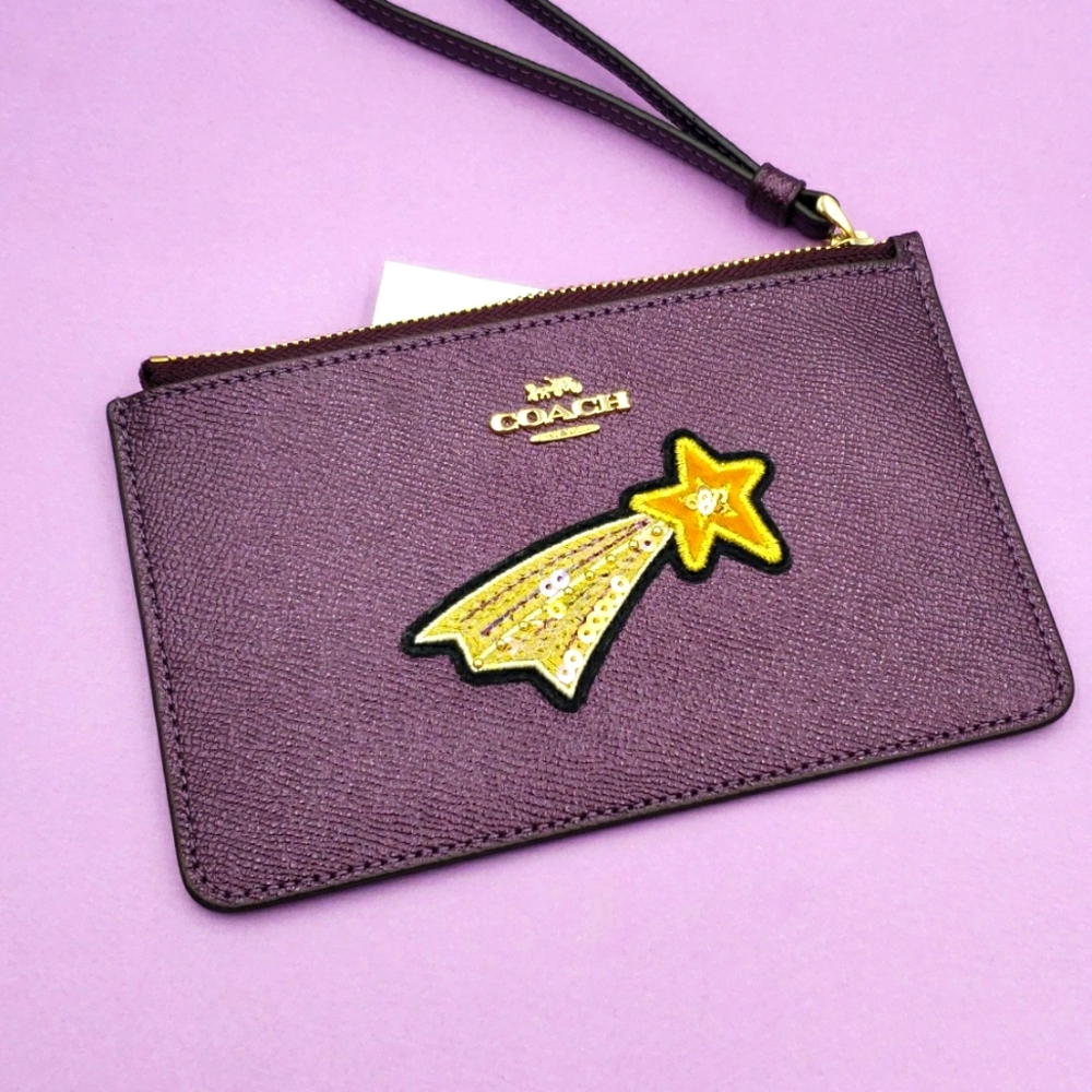 NWT Coach Wristlet Metallic Raspberry Gold Star Sequins Wallet Bag F38706